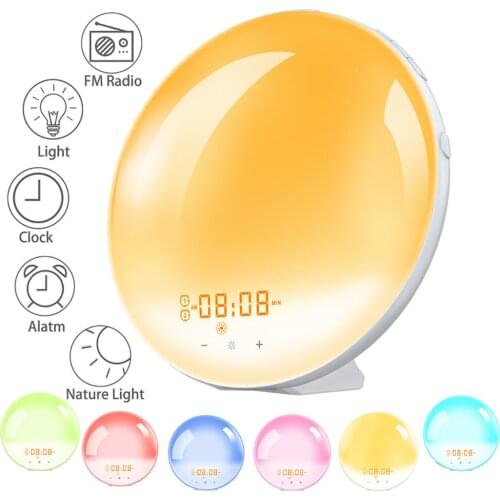 Wake Up Light Sunrise Alarm Clock Radio 7 Colored Night Light Sunrise Simulation Sleep Aid Snooze Alarm For Kids Adults Bedroom