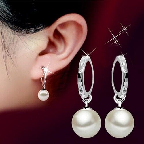 Elegant Hoop Earrings for women with Silver Plated Faux Pearl Eardrop Dangle Ear jewelry 4TTH