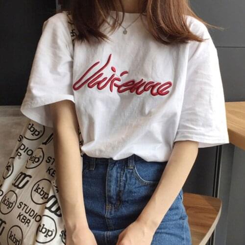 Summer New Style Korean Fashion Embroidery Printing Loose Short-sleeved T-shirt All-match Ropa Mujer En