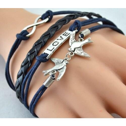 Vintage Birds Infinity Charms Multilayer PU Leather Cuff Bracelet Handmade Adjustable Bangle Wrap Wristbands Fashion Lovers Gift