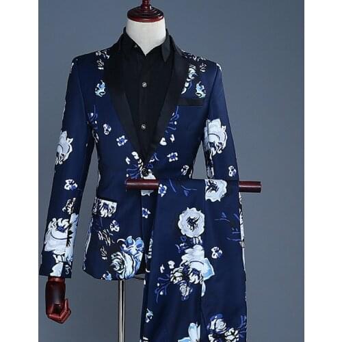 Fashion Navy Blue Floral Printing Suit Set Host Singers Performance Costume Slim Fit Men Prom Party Stage Jacket Pants 2 Pieces