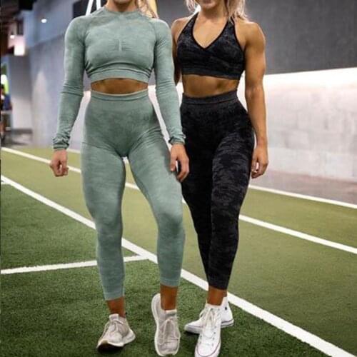 Newest Yoga Set Women Seamless Camouflage Long sleeves Tops High Waist Leggings Fitness Sport GYM Camo Suits Tight Workout pants