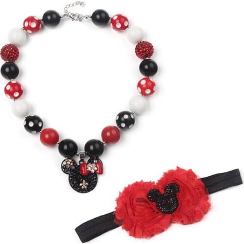 Girls Alloy Cartoon Mickey Charm Pendant Chunky Beads Bubblegum Necklace Baby Kids Elastic Adjustable Hairbands Jewelry Sets