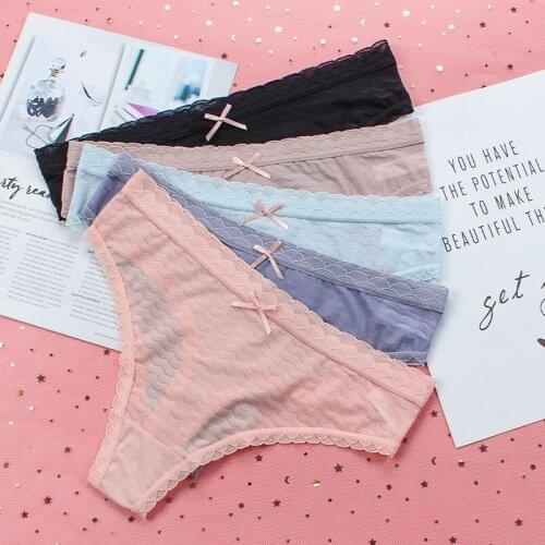 Sexy Panties Womens Solid Color Low-waisted Sex Thongs Transparent Hollow Yarn Large-size Lingerie Wholesale