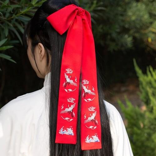 Antique Embroidery Crane Wide Hair Band Chinese Style Bandeau Hanfu Red Ribbon Headband Ancient Costume Hair Accessories