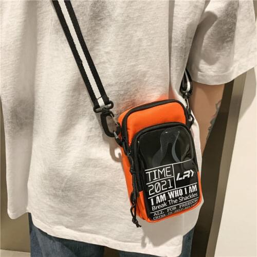 Unisex Fashion Street Style Hip Hop Shoulder Crossbody Messenger Bags Orange Patchwork Letter Print Small Phone Package Zipper