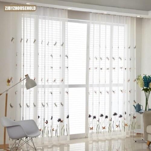 European Style Curtains for Living Room Fresh American Country Dragonfly Embroidered Tulle Curtains Finished Custom Processing