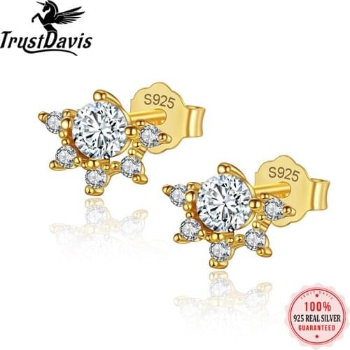 TrustDavis Real 925 Sterling Silver 14K Gold Plated Zircon Sun Stud Earrings Women Cute Sweet Student Girlfriends Jewelry L102