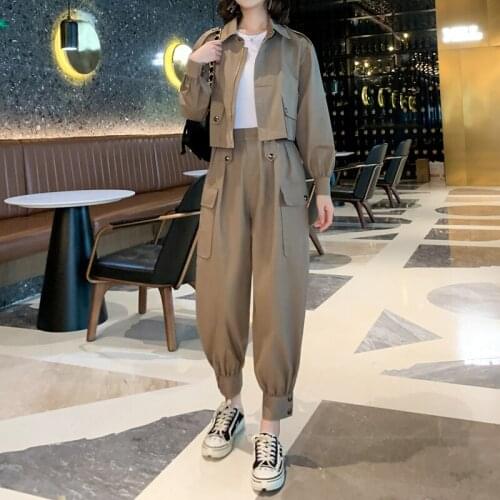 Women Cargo Pants Pocket Jogger Elastic Waist High Streetwear Long Sleeve Zip Short Coat Harajuku Pant Suit Females 2 Piece Sets