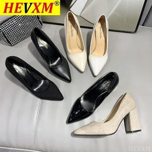 2021 New Big Size Pointed Toe Shoes Square High Heels Genuine Leather Women Pumps Elegant Office Lady Work Female Single Shoes