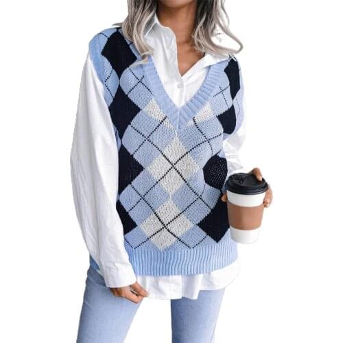 Sweater Vest Plaid High Elasticity Women Loose Sleeveless V Neck Knitted Vest Streetwear Casual Korean Style Sleeveless Sweater