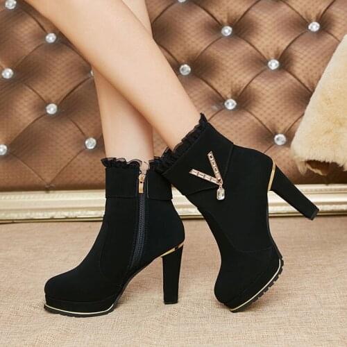 Winter womens boots sexy shallow mouth rhinestone fashion boots side zipper short plush Round head stiletto high heel boots