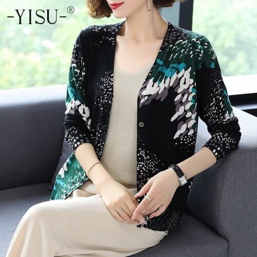 YISU Antumn Winter Cardigan Women Long Sleeve V neck Printed cardigan sweater Knitted Sweater Coat Women Loose Casual Cardigan