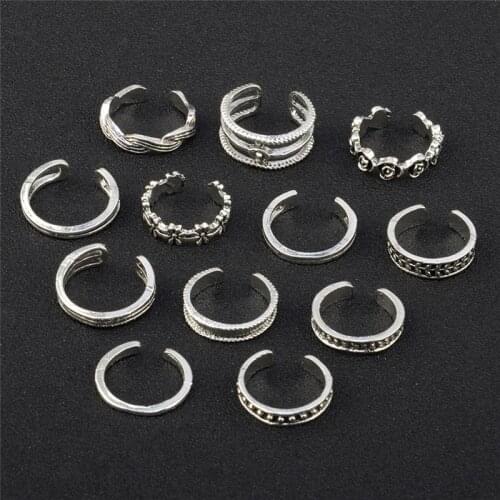 12Pcs New Rings Lady Unique Adjustable Opening Finger Ring Retro Carved Toe Ring Foot Beach Foot Ring Jewelry