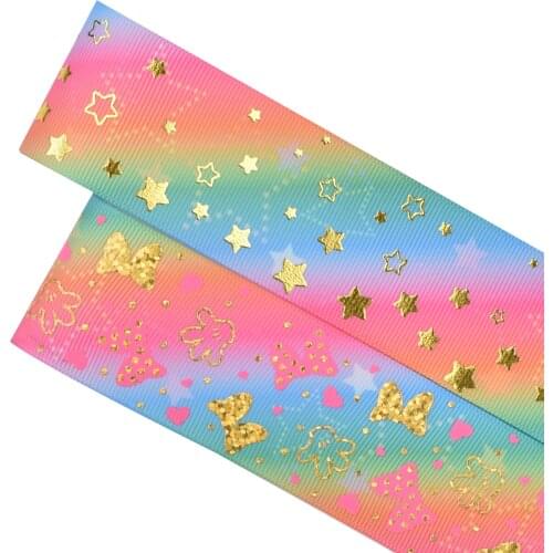 38mm Holographic gold ink bowknot gold foil stars grosgrain ribbon for girl 50yards welcome custom printed