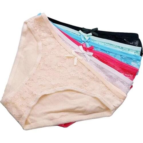 6 Pcs/Lot Hot Sale Sexy Lace Transparent Cotton Briefs Womens Panties M L XL 9066