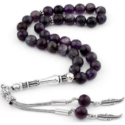 925 Sterling Silver Amethyst Stone 33 Piece Tasbih Special Design Islamic Gift, Masterwork Muslim Prayer Beads Masbaha, Subha
