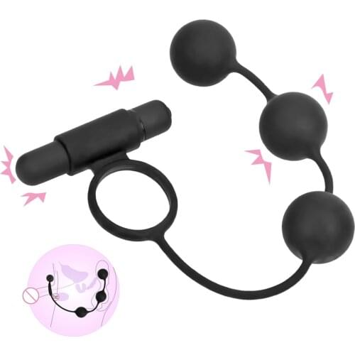 3 Balls 10 Speed Vibrator Penis Ring with Anal Bead Butt Plug Male Masturbation Sex Toys for Men Prostate Massager