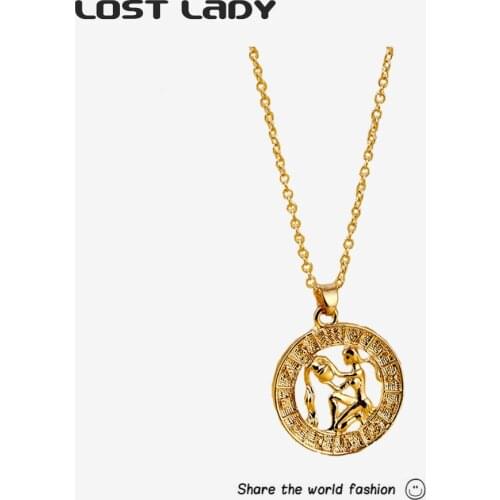 Lost Lady 12 Zodiac Sign Gold Color Coins Pendant Necklaces for Women Trendy Necklaces Aries Leo Party Jewelry Wholesale