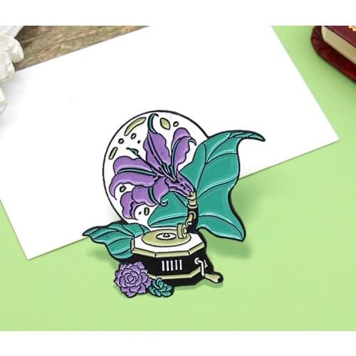 Purple green Music box Enamel Pin Vintage Orchid Flower Phonograph Music lovers Brooches Bag Lapel Badge Jewelry Gift Friends