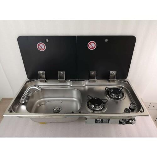 Boat Caravan RV Camper 2 Burner LPG Gas Stove Hob and Sink Combo with 2 Tempered Glass Top 775*365*150/120mm GR-904LD