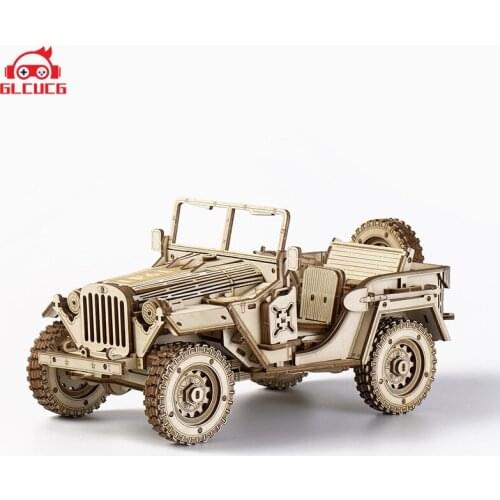 GLCUCG 1:18 369pcs Retro DIY Movable 3D Army Jeep Wooden Puzzle Game Assembly Toy Gift for Children Teens Adult