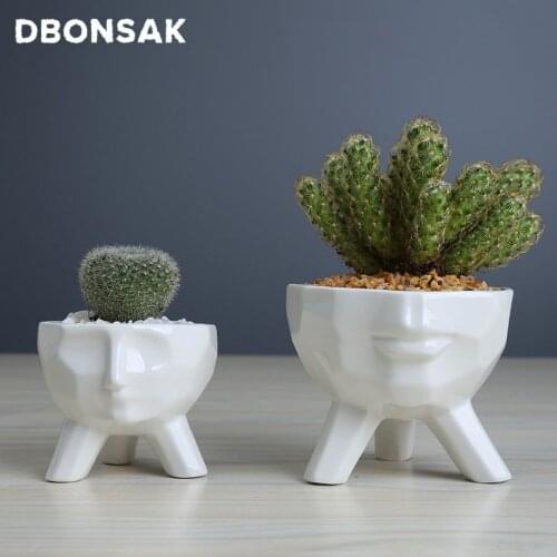Nordic White Geometric Man Face Ceramics Flower Pot For Succulents Planter Triangle Bracket Container Home Garden Decoration