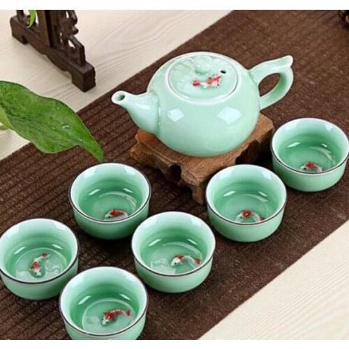 Ceramic 3D Koi Fish Kung Fu Tea Cup Tea Ceremony Teapot Matcha Cup Set 7pcs AAAAAAAA Free shipping
