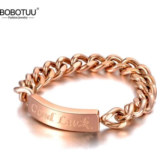 BOBOTUU Hiphop/Rock Titanium Stainless Steel Good Luck Rings Trendy Rose Gold Chain Link Cocktail Ring For Women Girls BR20030