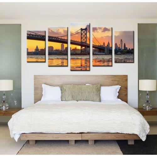 Beautiful Sunset London Bridge Landscape Wall Art Modern Wall Poster Paintings Cityscape Canvas Prints 5 Panels Unframed Picture