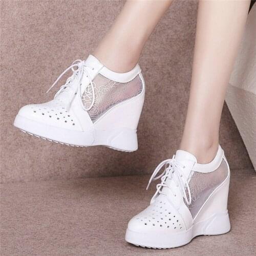 Summer Fashion Sneakers Women Genuine Leather Wedges High Heel Ankle Boots Female Breathable Pointed Toe Platform Pumps Shoes