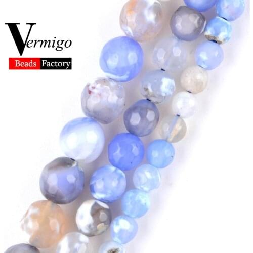 Wholesale Faceted Blue White Fire Agates Beads Natural Stone Round Loose Beads For Jewelry Making Diy Bracelet 6 8 10mm