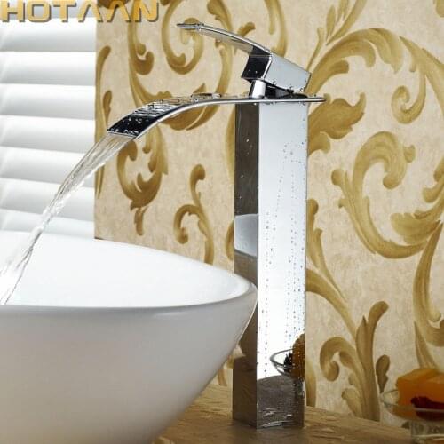 Waterfall Brass Basin Faucet Deck Mounted Single Lever Single Hole Cold&Hot Bathroom Basin Mixer Chrome Plated Tap