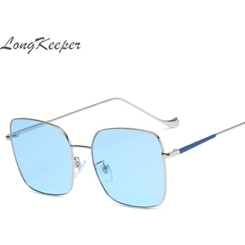 LongKeeper Classic Square Sunglasses Women Vintage Metal Big Frame Blue Sun Glasses For Driving Men Ocean Lens Oculos Feminino