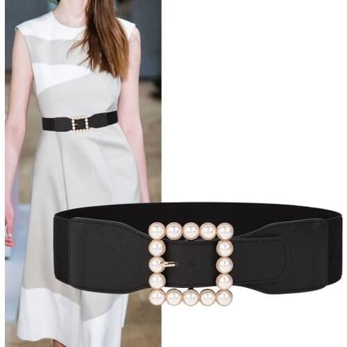 Fashion Elastic cummerbunds Female New pearl gold square pin buckle belt Overcoat Wide Waist Seal Jackets waistbands for Women