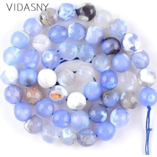 Natural Gem Light Blue White Faceted Fire Agates Beads For Jewelry Making 6 8 10mm Round Loose Beads Diy Bracelet Necklace 15