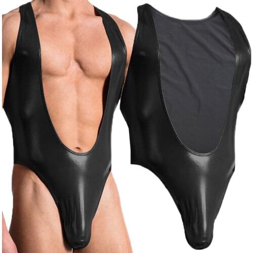 Sexy Men Bodysuits Leotard Jockstrap PU Leather Bugle Pouch Jumpsuits Latex One-piece Gay Clubwear Singlet Undershirts Plus Size