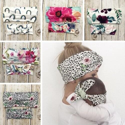 Nishine 2pcs/set Mom and Me Headband Set Elastic Leopard Printed Flower Hairbands Adult Women Baby Headwear Sets Photo Props