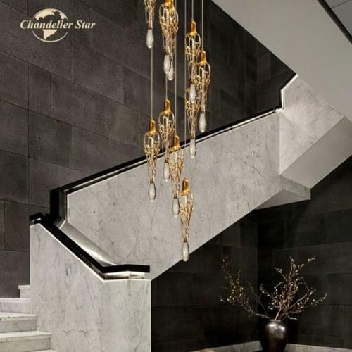 Luxury Copper LED Chandeliers Lighting Modern Crystal Brass Water Drop Pendant Lights Bedroom Living Room Staircase Lamps Lustre