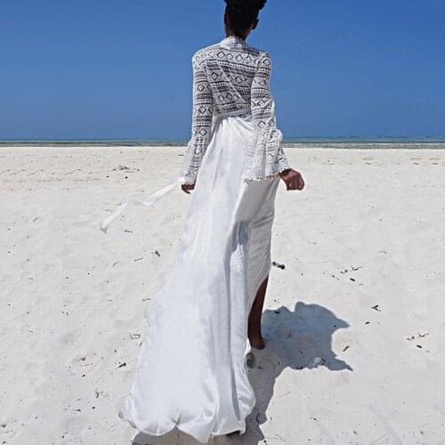 Sexy Lace Bikini Cover Up Women Beach Dress Long Sleeve Swimsuit Swimwear Bathing Suit Sashes Maxi Dress Women Kimono Cardigan