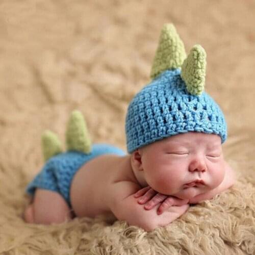 Blue Dinosaur Newborn Photography Props Crochet Infant Anime Costume for Photo Shoot Baby Boys Clothes Set Coming Home Outift