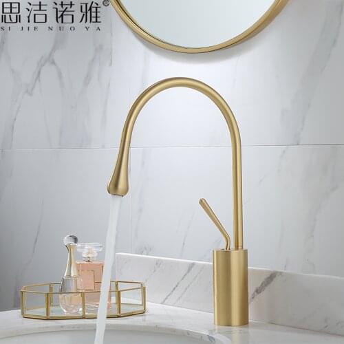 Nordic brushed gold all copper light luxury cold and hot platform basin heightening rotary washbasin faucet gold
