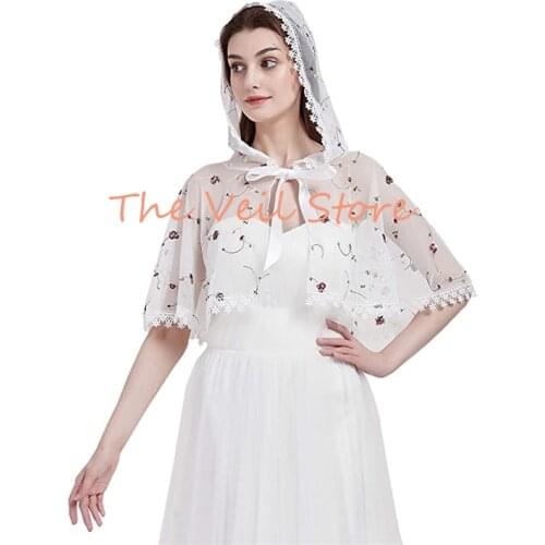 Vintage Mantilla Veils Handkerchief Barinia Headcovering Catholic for Church Embroidered Tulle Floral Lace Ivory Chapel Veil