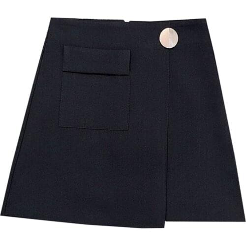 PERHAPS U Black Khaki Gray A-line Empire Pockets Casual Solid Asymmetrical Short Mini Skirt S0108