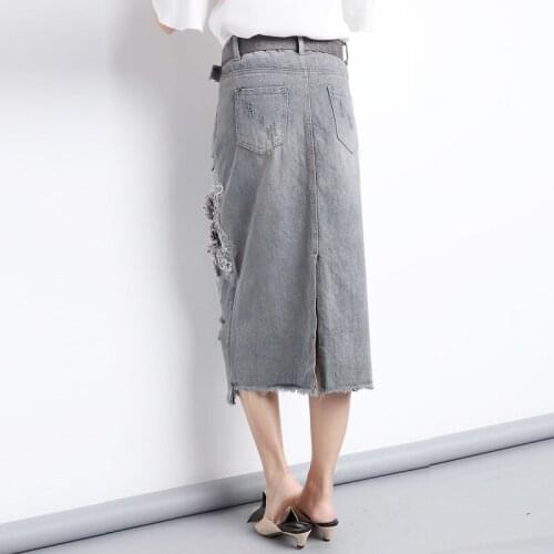 Fashion Flower Beaded Ripped Hole Denim Skirt Female Spring Summer High Waist Slim Fit A-Line Wrap Skirt Plus Size 4XL