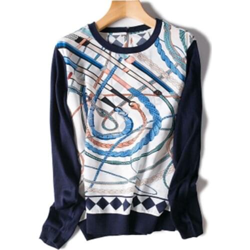 Women fashion patchwork color printed silk spliced tshirt full sleeve tees Oneck red 2color M/L retail mix bulk whole sale