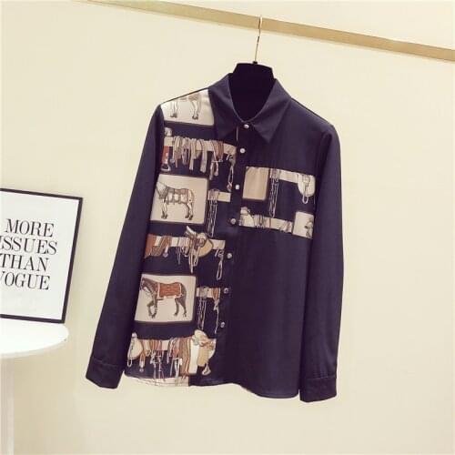 Spring Autumn Designer womens print black Shirts High quality elegant Chiffon Blouses Top C804
