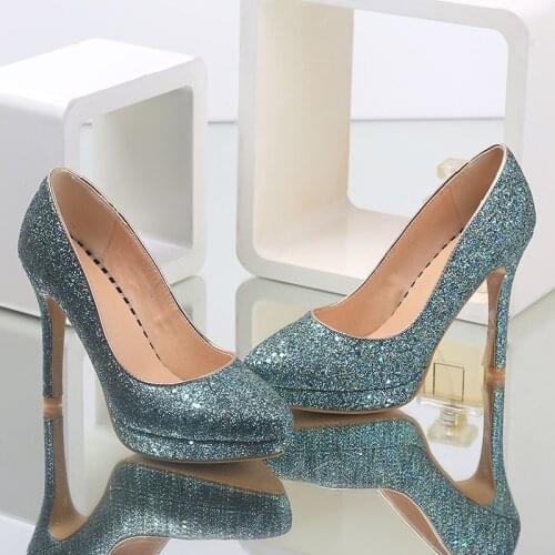 YMECHIC Lady Platform High Heel Pumps Summer Party Office Dress Shoes Woman Blue Green Silver Glitter Thin Heels Pumps Plus Size