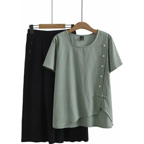 Plus size short sleeve O-Neck loose tshirts and Elastic waist black pants cotton women sets 2021 summer ladies 2 pieces female
