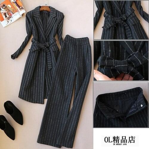 Ladies 2020 autumn and winter new fashion suit woolen striped coat long coat wide leg pants two piece set top and pants